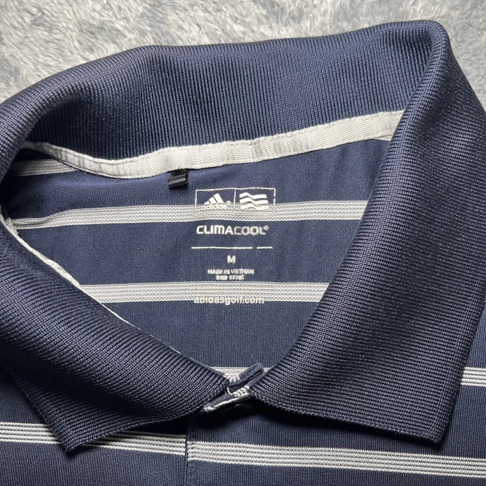 Adidas Clinacool Men's Polo Short Sleeve Shirt Blue/White Striped Landrover SZ M